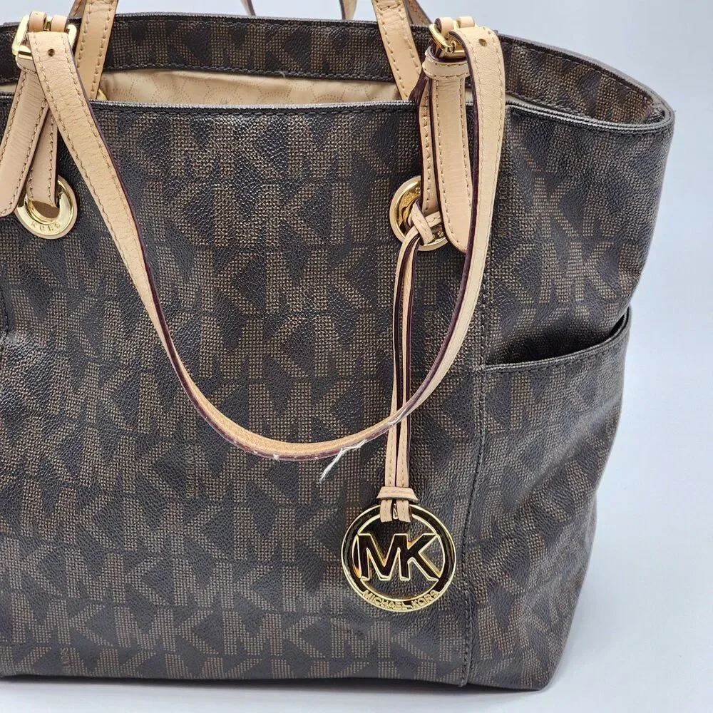 Michael Kors Coated Canvas Monogram MK Leather Trim Large Tote Bag Brown